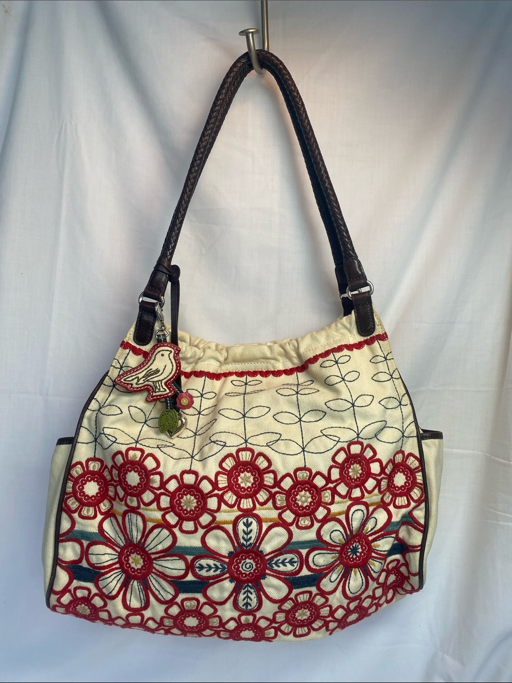 Brighton Cream Shoulder Bag with Red Floral Embroidery and Brown Handles